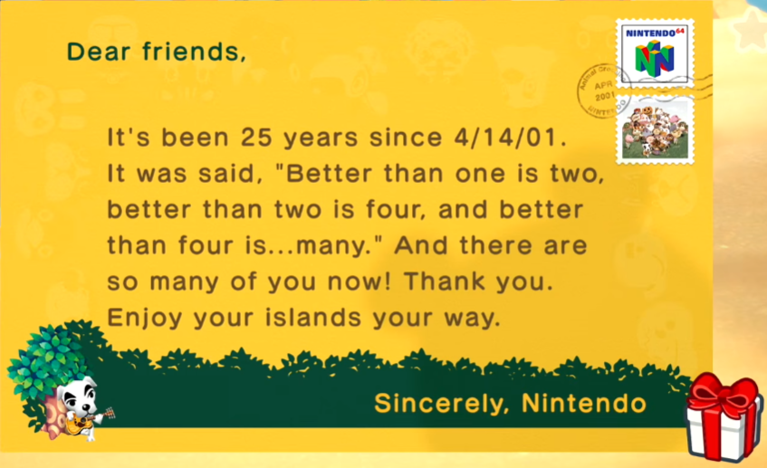 ACNH 3.0.2 Update 25th Anniversary Items - Nintendo Letter